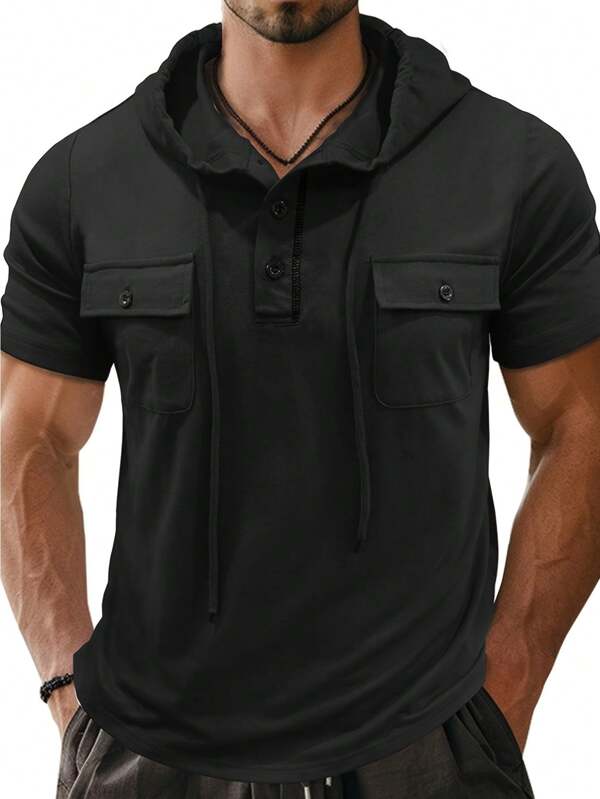Plus Size Men's Summer Short Sleeve T-Shirt, Solid Color Hooded Sweatshirt With Pockets, Casual Sports Top