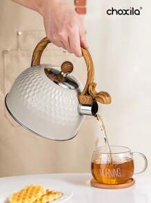 choxila 1pc 2L Stainless Steel Whistling Kettle - Creamy White With Wood Grain Handle, Perfect For Coffee & Tea, Compatible With Electric & Gas Stoves, For Outdoor, Camping