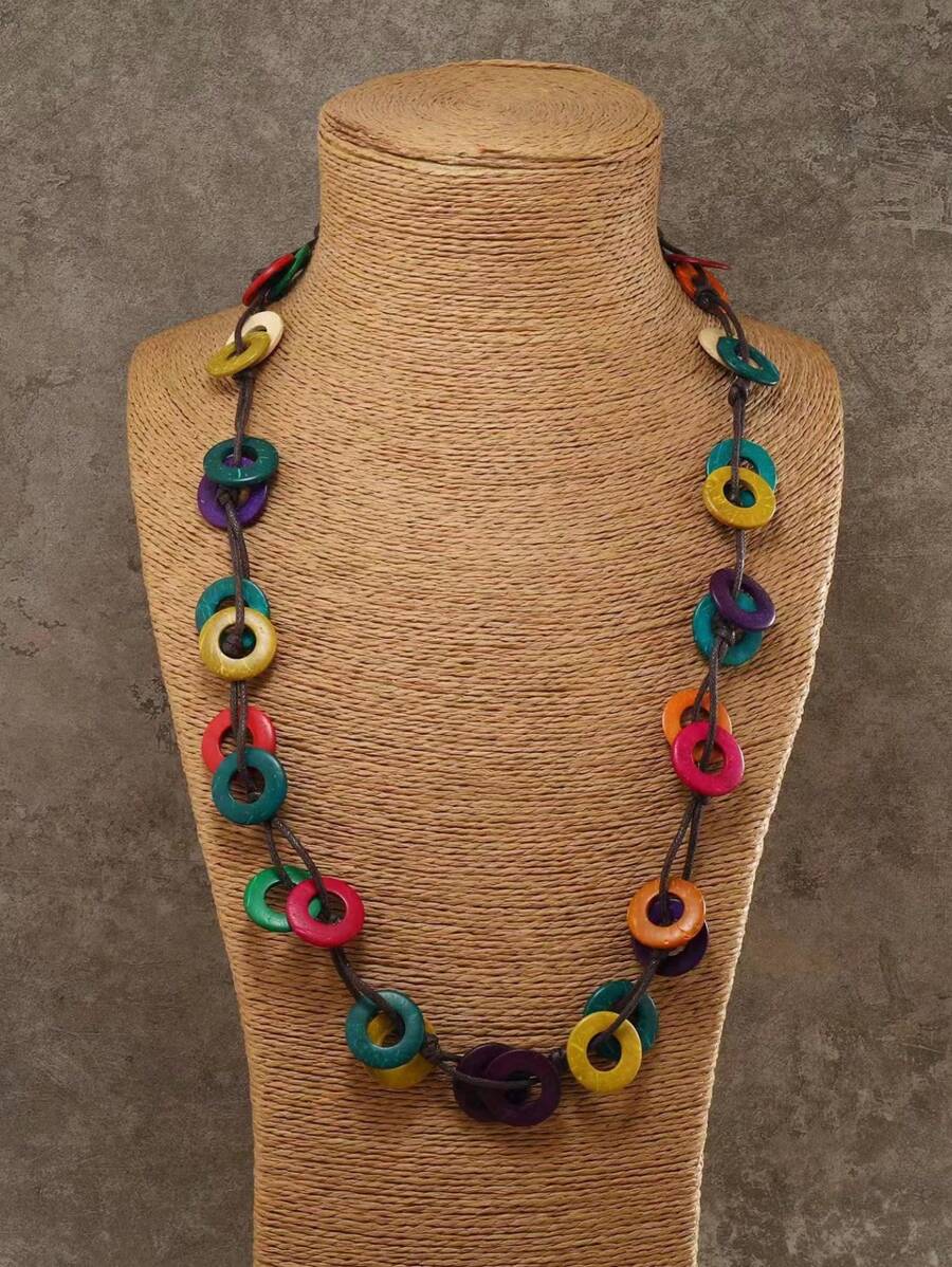 1 件手工波西米亚彩色串珠椰子壳项链，海滩度假珠宝装饰 - 兩層圓片 - 查看 1