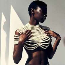 1pc Luxury Vintage Multi-Layer Handmade Beaded Faux Pearl Body Chain, Retro Sexy Style, Fashionable Accessory - White - View 3