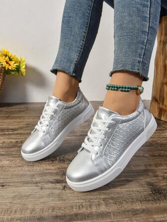 Shiny Casual Sports Shoes, Soft Sole Comfortable Lace-Up Sneakers