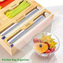 TAIMASI 6-In-1Bamboo Ziplock Bag Organizer And Foil And Plastic Wrap Organizer, Aluminum Foil Organization And Storage, Plastic Wrap Dispenser With Cutter For Kitchen Drawer For Gallon, Quart, Sandwich, Snack, Kitchen Supplies - 1個 - 查看 2