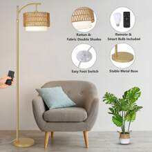 Floor Lamps For Living Room, Arc Standing Lamp With Remote & Dimmable Bulb, Boho Rattan Floor Lamp For Bedroom With 3 Color Temperatures, Farmhouse Tall Lamp, Height Adjustable Stand Up Lamp - 美規A型插(110-127V) - 查看 3