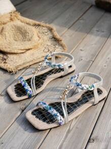 WRCVS 平底凉鞋，民族风串珠编织平底拖鞋，轻便沙滩人字拖，随意编织花卉图案，休闲夏日