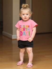 Toddler Girls Birthday T-Shirts Letter Embroidery Crew Neck Short Sleeve Shirts Summer Casual Fashion Kids Baby Tops - 粉色 - 查看 7