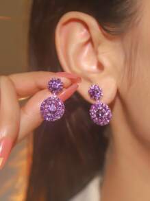 Europe And The United States Exaggerated Retro Palace Gorgeous Purple Double Round CZ Women's Crystal Earrings 1 Pair