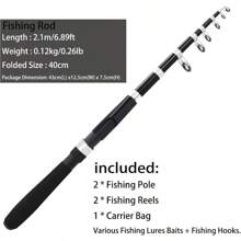 Fishing Pole Combo Set2.1m 6.89ft 2PCS Collapsible Rods 2PCS Spinning Reels Lures Set Carrier Bag Carbon Fiber Telescopic Fishing Rods Sea Saltwater Freshwater Kit Fishing Rod Reel Combos - 2.1米6.89英尺1 - 查看 4
