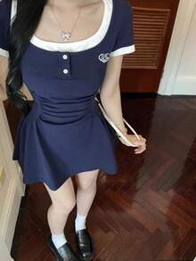 Women's Summer Ruched Vintage Patchwork A-Line Dress With Square Collar Elegant - Navy Blue - View 4