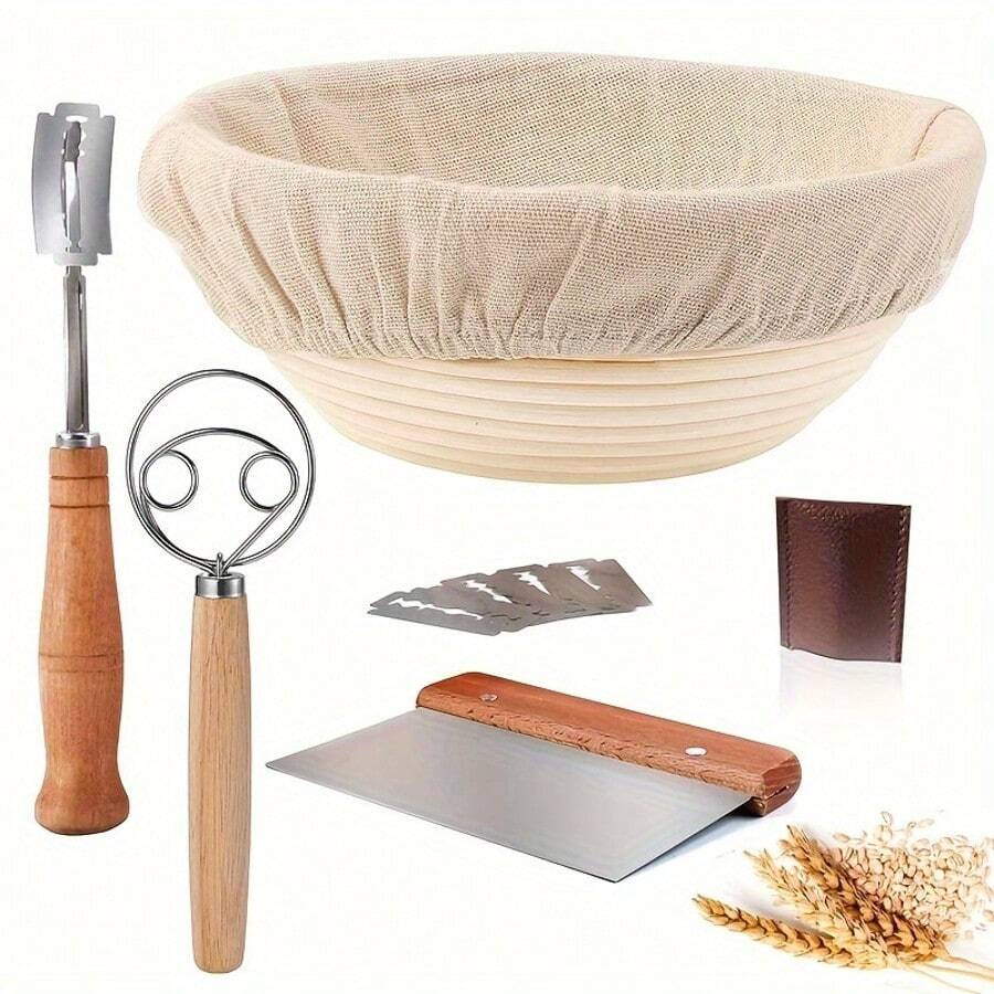 [Fast Delivery] Complete Bread Making Tool Set: 9-Inch Round Natural Rattan Proofing Basket Set, Includes Lame, Dough Scraper And Linen Liner - Ideal For Home And Professional Bakers - Fermentation Bowl Set - View 1