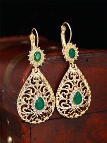 摩洛哥风格复古女士金耳环，泪珠设计，镂空雕刻，饰有泪珠水钻，适合阿拉伯女性在宴会、日常场合和各种活动中佩戴的耳环 - 耳環 - 查看 5