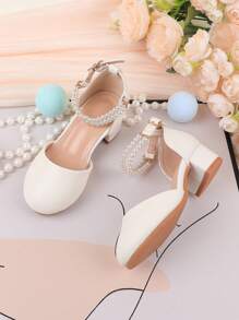 女童珍珠装饰花童婚礼派对芭蕾舞粗跟高跟礼服,舞蹈演奏鞋,钩环花卉日常休闲鞋,适合大中小童 - 白色 - 查看 6