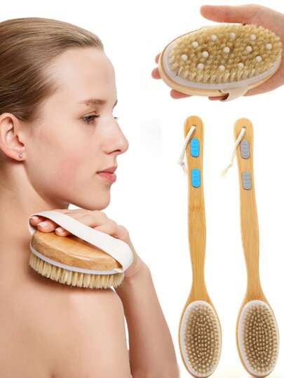 Perie pentru corp din peri naturali, cu maner lung din lemn, antiderapante, 100% din peri naturali de mistret pentru masaj corporal, scrubber exfoliant pentru baie si dus, utilizare umeda sau uscata