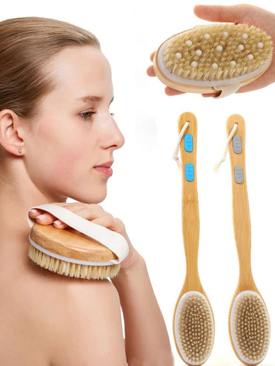 天然猪鬃身体刷，长木柄，防滑，100% 天然猪鬃身体按摩器去角质刷，适用于沐浴和淋浴，干湿两用