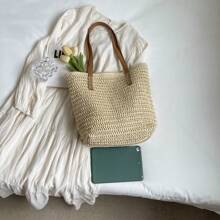 Solid Color Weaving, Large Capacity, Simple And Versatile. Summer Beach Vacation, Fashionable Shopping, Small And Fresh Rural Style. Commuting, Class, Work. Women's Shoulder Woven Bag