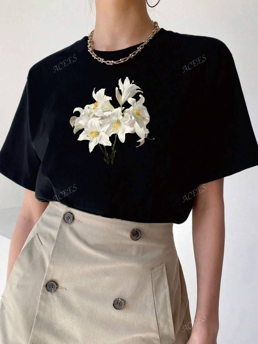 Women's 2025 Summer New Floral Print Short Sleeve Fashion Versatile T-Shirt