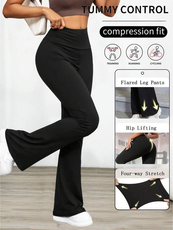 Sport Studio Yoga Legging Flare Pants With High Waisted Hip Lifting Seamless Shape Wears Running Cycling Wide Leg Yoga High Stretchy Stretch Breathable Quick Drying Cooling Comfort Soft Basics Women Active Bottoms Solid Sports Trousers Workout Athletic Exercise Casual Outdoors Color Black