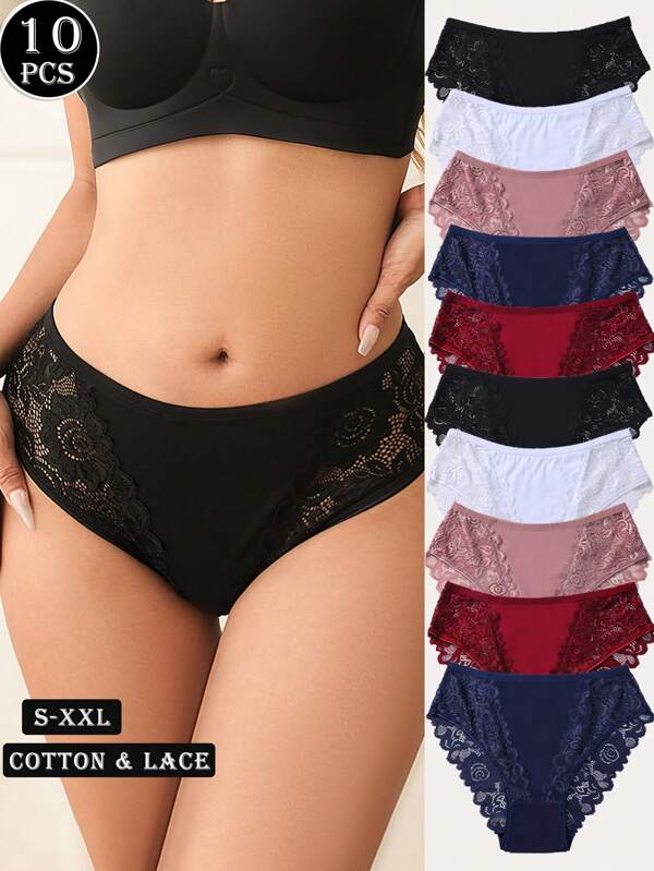 10pcs/Set Sexy Lace Patchwork Cotton Breathable Comfortable Women Underwear Briefs