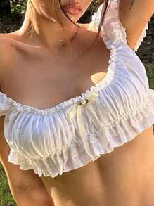 Womens Y2k Off Shoulder Crop Tops Fairycore Ruffle Frill Trim Backless Short Sleeve T Shirt Ruched Going Out Tops Party Club Beach Streetwear Aesthetic Clothes - 白色 - 查看 5