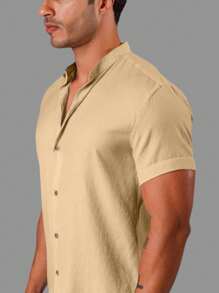 Men's Formal Shirt With Priest Collar, Short Sleeve, Linen Look - Beige - View 3