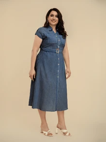 Vestido con estampado de rayas, volantes en el bajo y diseño holgado para mujeres,  con cinturón - Azul Marino - Ver 1