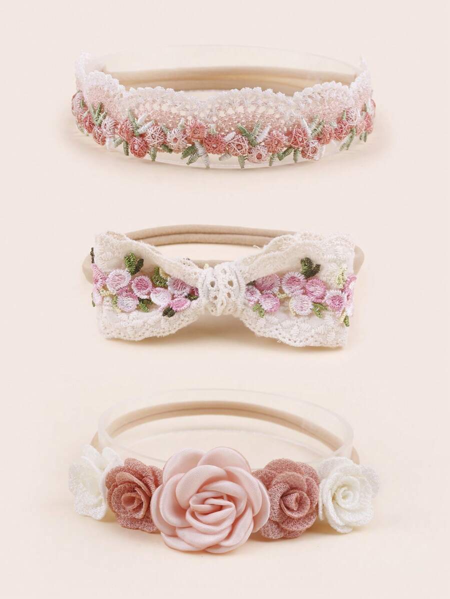 3pcs Set Soft Pink Rose Ditsy Floral & Butterfly Decor Baby Girl Headband
