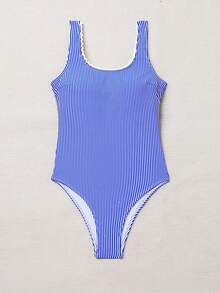 1 件蓝白条纹蕾丝边性感连体泳衣，适合夏季海滩度假 - 彩色 - 查看 3