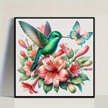 Kit de pintura de diamantes 5D - Diseño de flores, mariposas y picaflor, diamantes redondos completos, kit de bordado de acrílico, adecuado para decoración del hogar, set de arte de diamantes sin marco