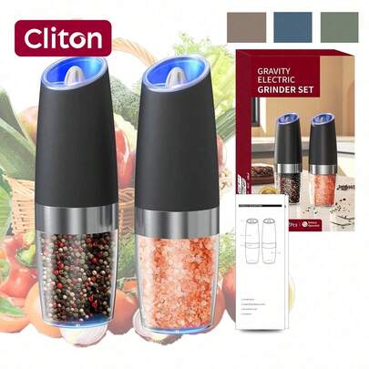 CLITON Juego de molinillos de sal y pimienta eléctricos por gravedad, molinillo automático con luz LED, a pilas, operación con una sola mano, ajuste de grosor; Juego de molinillos de pimienta y sal eléctricos por gravedad, ajuste de grosor, capacidad mejorada y grande, acero inoxidable negro