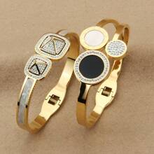 1/2 件女士不锈钢手链套装，凶猛的黑白贝壳搭配罗马几何铺镶水晶元素手链，适合日常装扮、街头风格、派对和礼物，四季皆宜 - 羅馬套裝 - 查看 3