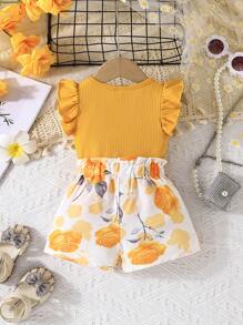 Dziewczęca prążkowana koszulka z kokardą i kwiatowym nadrukiem, zestaw szortów, prezent na letnie wakacje na świeżym powietrzu