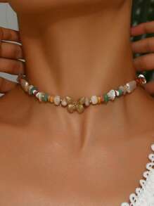 1pc Elegant Fashion Bohemian Multicolor Dopamine Baroque Faux Pearl Golden Butterfly Asymmetrical Glass Beaded Necklace For Women, Suitable For Party, Holiday, Gift-Giving