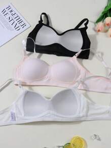 3pcs/Set Teen Girls' Ribbed Comfortable Simple Style Bras, Suitable For 13-16 Years Old - Multicolor - View 3