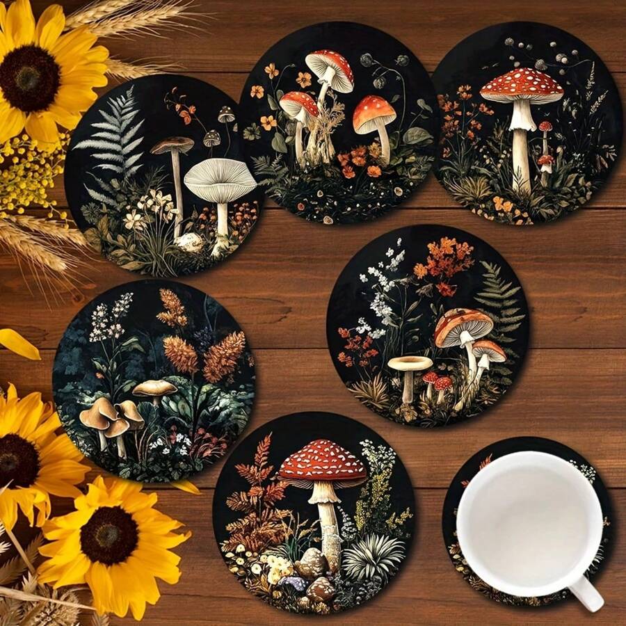 6pcs Wood Coasters With Felt Pads, 2D Mushroom Forest Art Design, Suitable For Holding Beverages, Coffee And Tea, Ideal For Home, Bar, Restaurant Decor, Christmas Gift, Table Mats And Tableware Accessories