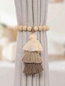1Pair Wooden Curtain Hook Magnetic Beaded Tassels Tri-Colored, Boho Wooden Curtain Holder With Tassels No Drilling, For Office, Bedroom, Living Room