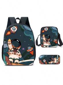 Three Pieces Astronaut Pattern Student Backpack, Lightweight Outdoor Leisure Backpack For Boys, Three Pieces Combination Of School Bag, Crossbody Bag, And Pencil