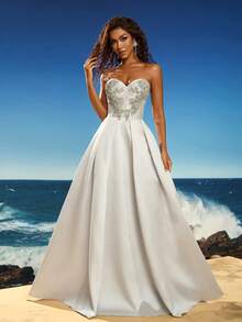 女士优雅水钻装饰露肩正式晚礼服、派对礼服、婚礼宾客礼服、长袍 - 銀色 - 查看 5