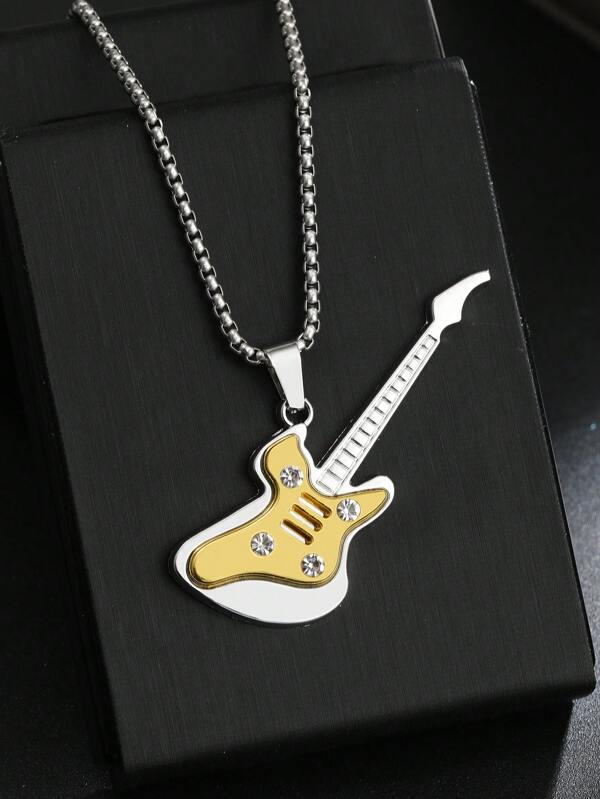 1pc 2025 New Design Cross-Border Popular Hip-Hop Rock Music Guitar Pendant Necklace, Street Style Black Titanium Steel Faux Pearl Chain Sweater Necklace, Birthday Music Festival Gift,