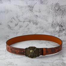 Zinc Alloy Western Style Retro Skull, Leopard Head, Sheep Head Pattern Embossed Texture Boho Faux Leather Belt - Multicolor - View 4