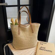 Solid Color Weaving, Large Capacity, Simple And Versatile. Summer Beach Vacation, Fashionable Shopping, Small And Fresh Rural Style. Commuting, Class, Work. Women's Shoulder Woven Bag
