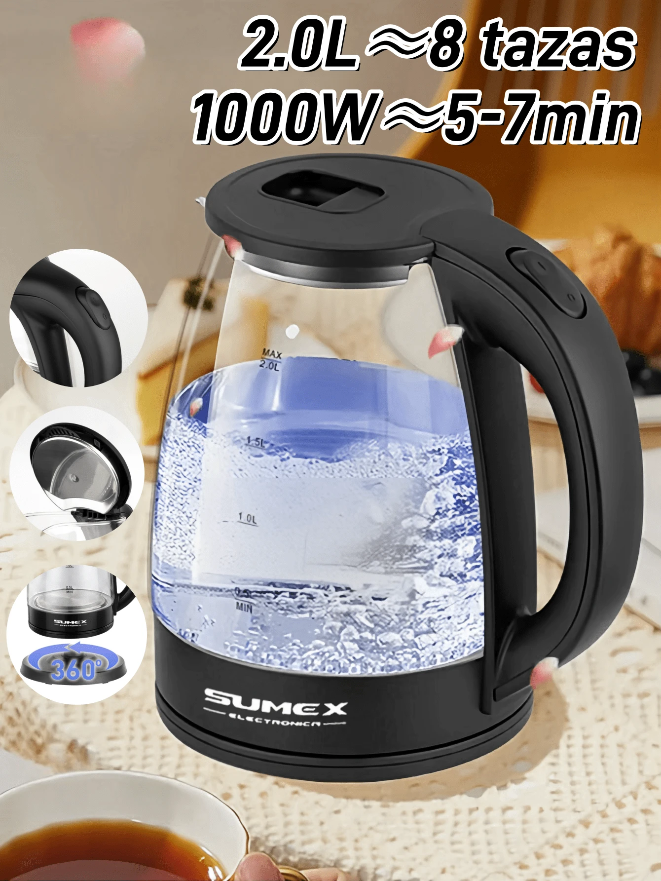 2.0L Transparent Electric Kettle, Portable Kettle, Camping Teapot