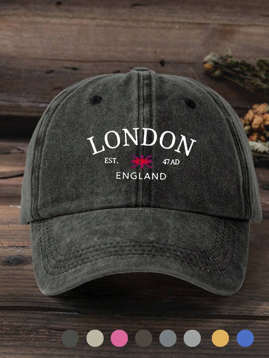 1pc Printed "LONDON" Washed Baseball Cap, Adjustable Outdoor Sun Protection Casual Hat For Men, Suitable For Spring, Autumn, Travel, Beach, Y2K Style - Print - View 1