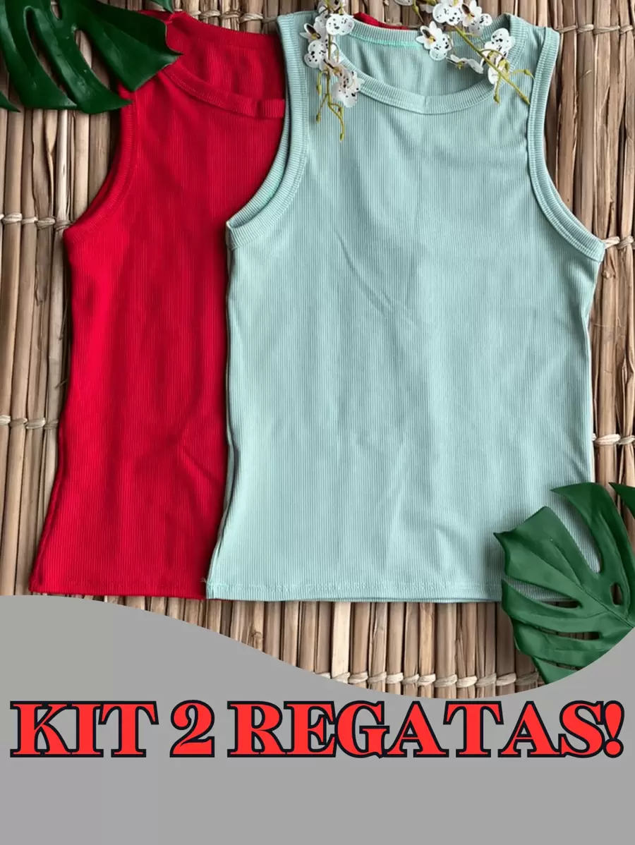 Kit 2 Women's Plain Ribbed Tank Top Basic T-Shirt Casual Sleeveless Blouse - 紅/綠 - 查看 1