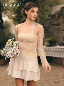 QUNGIGU 女士蕾丝抹胸网眼透视船领露肩背心夏季抹胸长袖短上衣