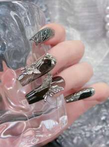 50 件美甲合金蝴蝶装饰，银色镂空混合各种图案，美甲配件美甲用品 - 銀色 - 查看 7