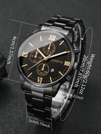 1pc Steel Strap Sophisticated Roman Scale Dial Calender Quartz Wristwatch, Classic (No Horloge Box Included) view 3