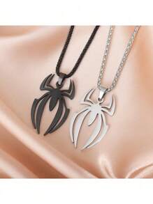 1 件全新电影电视主题蜘蛛标志不锈钢吊坠项链，时尚钛钢男士珠宝 - 黑色 - 查看 2