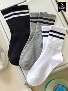 3 双女士鲨鱼设计袜子，条纹和双条图案，中长款，时尚百搭，适合春、夏、秋、冬日常穿着