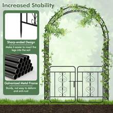 84'' No Dig Arch Trellis Heavy-Duty Metal Garden Arbor W/ Lockable Gate - Black - View 7