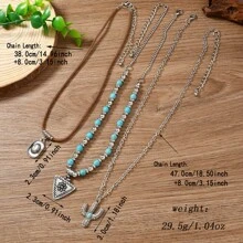 3pcs Retro Faux Turquoise Necklace Set, Bohemian Style Beaded Necklaces With Cactus, Heart And Boot Charms, Suitable For Daily Wear - Multicolor - View 7