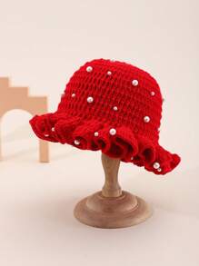 1pc Women's Cute & Casual Y2K Style Fashion Handmade Crochet Solid Color Pleated Rim With Lots Of Pearl Decor 3D Textured Bucket Hat, Recommended For Outings, Travel, Daily Wear - Pearl - View 3